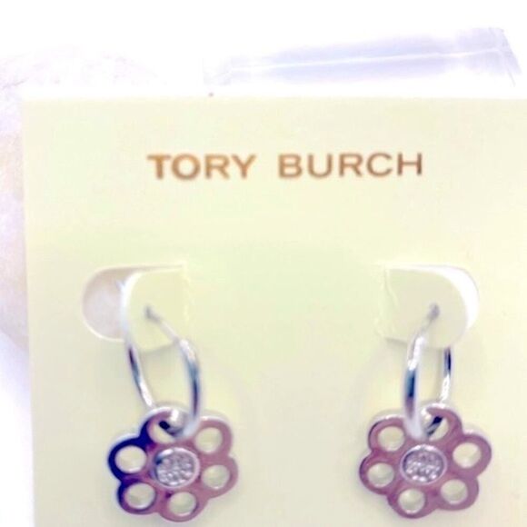 NWT Tory Burch Silver Logo Flower Hoop Drop Earings, Comes With Dust Bag - Picture 2 of 4